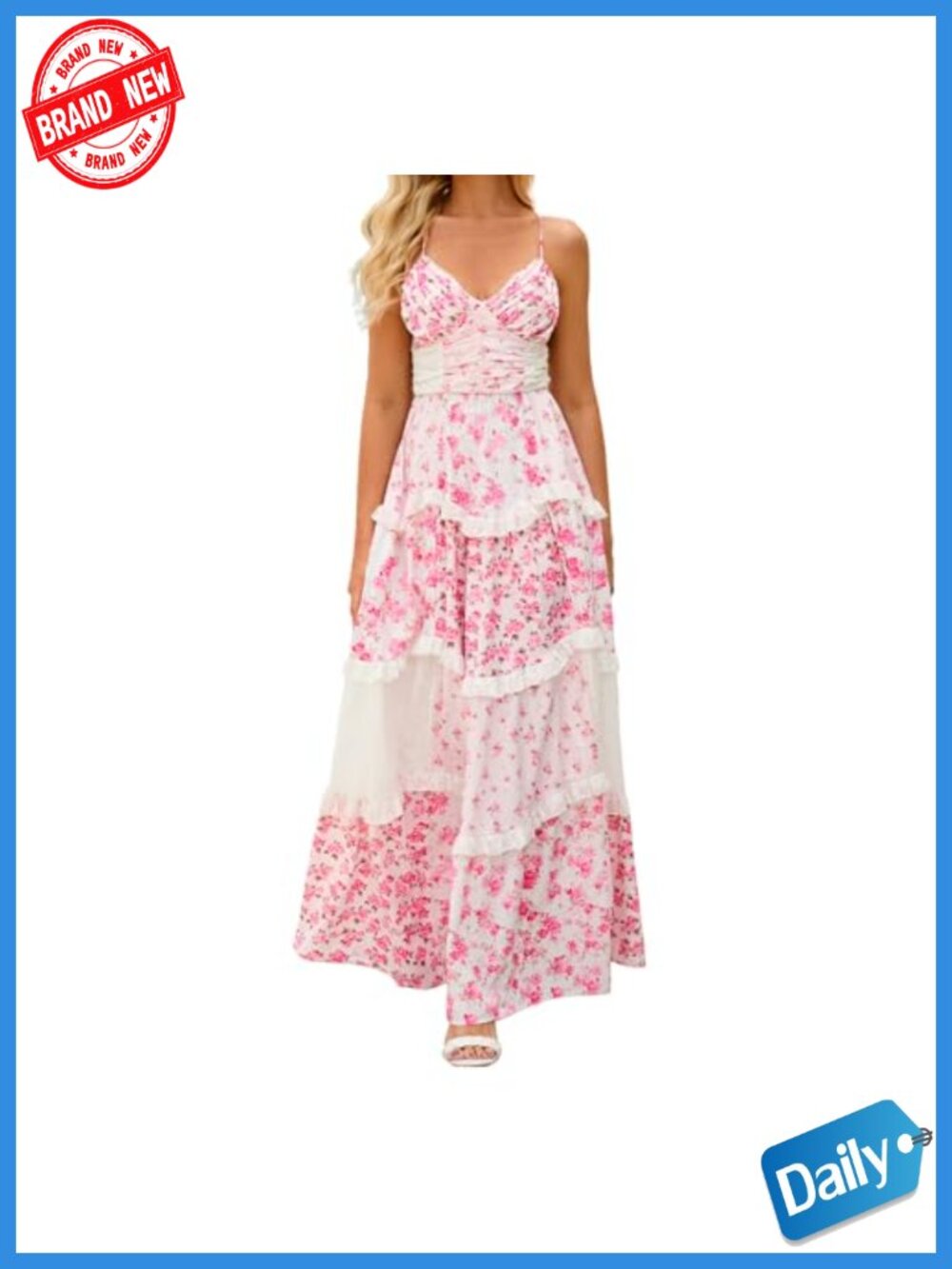 V Neck Spaghetti Strap Floral Patchwork Maxi Dress